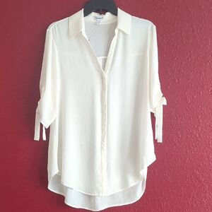 Express Women's Semi-sheer Ivory 3/4 Sleeves V Neck  Button-down Blouse Size L